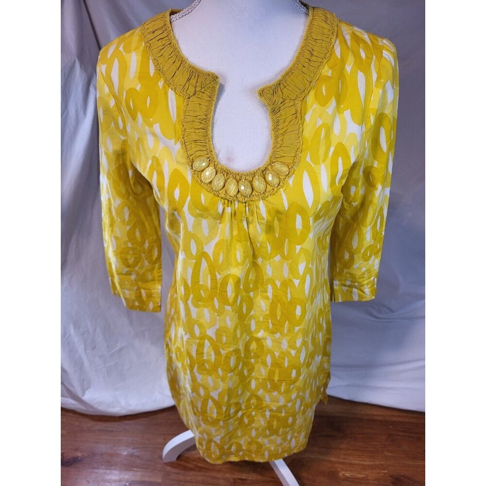 Boden Size 4 Retro Yellow Geometric  3/4 Sleeve Beaded‎ Dress